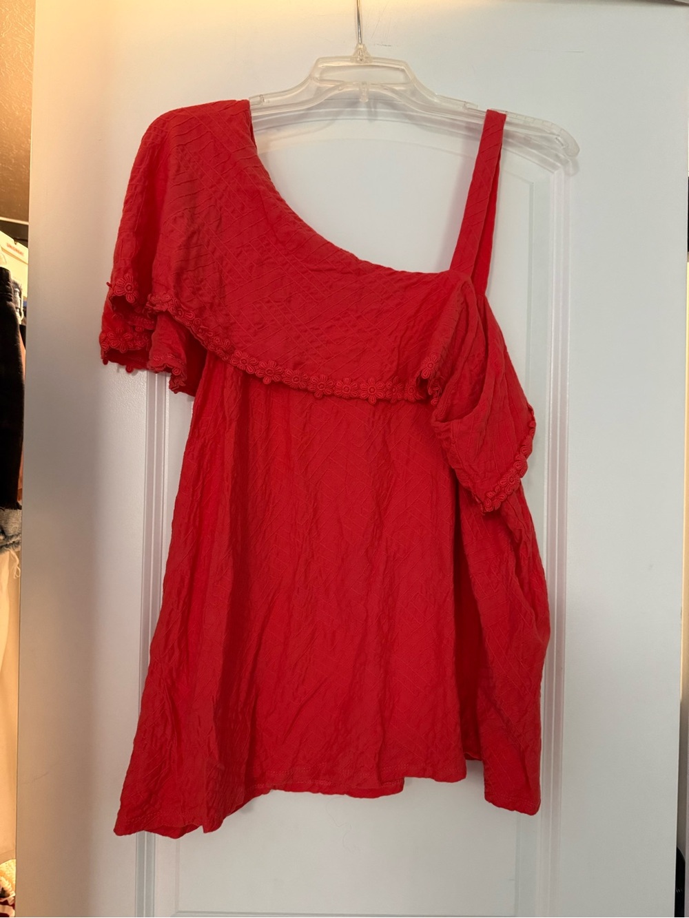Skies Are Blue One-Shoulder Ruffle Dress in Red